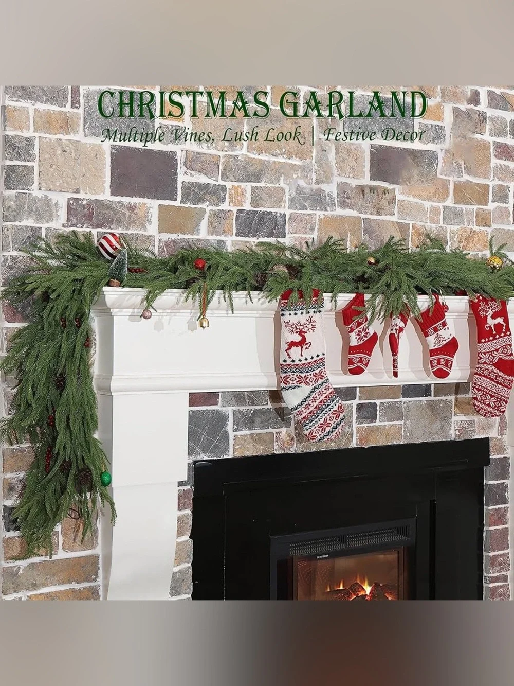 6 Feet Christmas Garland Decorations - Real Touch Cedar - Free LED String Lights
